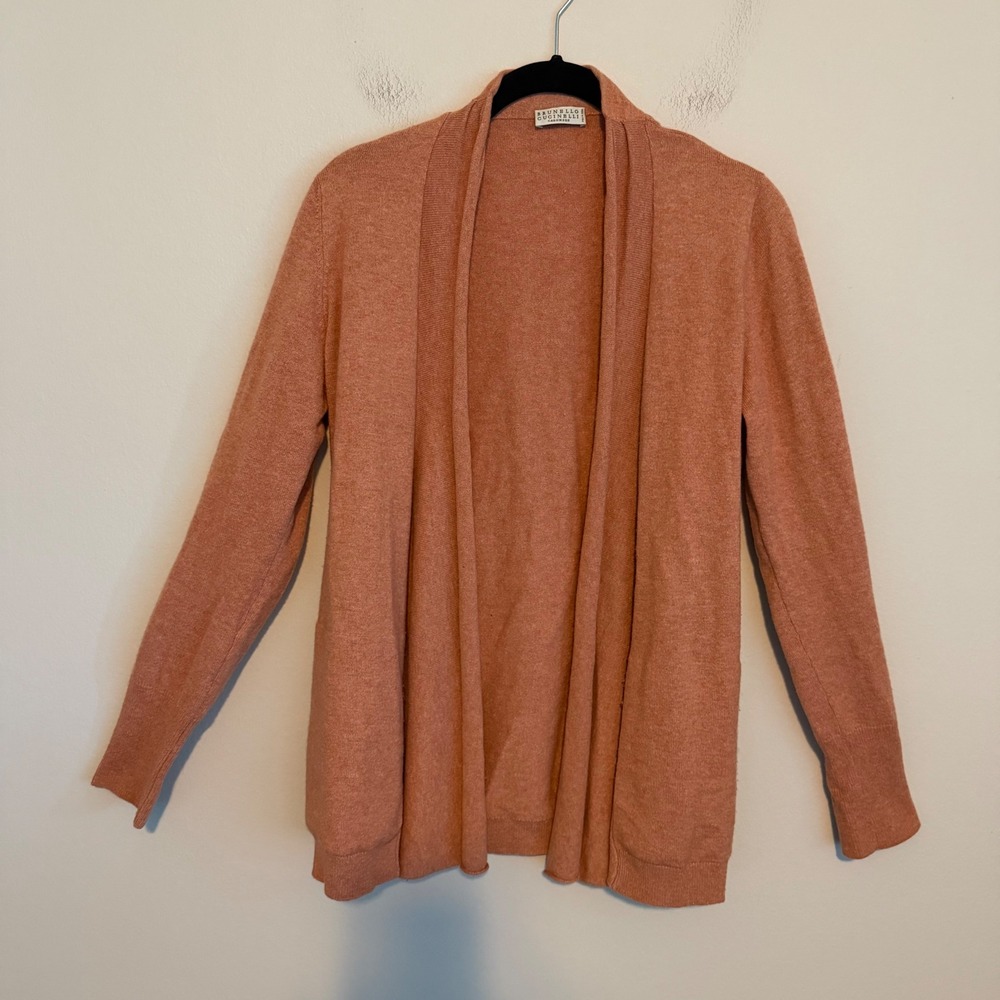 Brunello Cucinelli 100% Cashmere Open Front Cardigan L Salmon Pink old money
